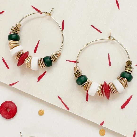 Boho Hoop Earrings Green Stone Beaded Gold Hoops Coral Ivory | Artisan Style - Picture 10 of 10